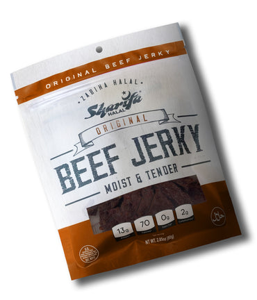 Sharifa Halal Beef Jerky, Original, (1) 2.85 oz. Bag – Great Everyday Halal Jerky Beef Meat Snack, 100 % Real Zabiha Halal Beef, 13g of Protein, 70 Calories, 0g Trans Fat, & 2g of Carbohydrates Brand: SHARIFA HALAL