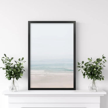 Pastel Pink Beach and Blue Waves. Modern Sea Print