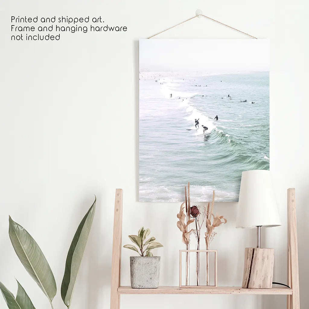 Pastel California Beach Print. Surfers and Ocean Waves