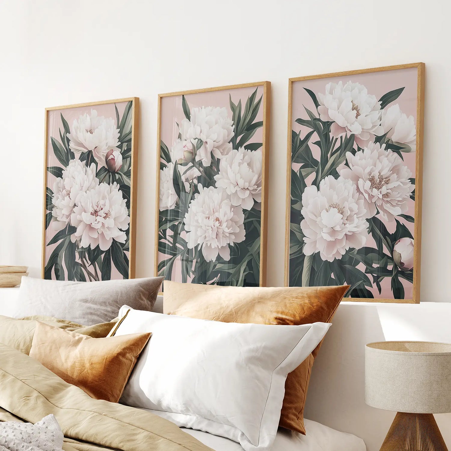 Şakayık Çiçekleri Duvar Sanatı Seti 3'lü. Pembe ve Yeşil Dekor