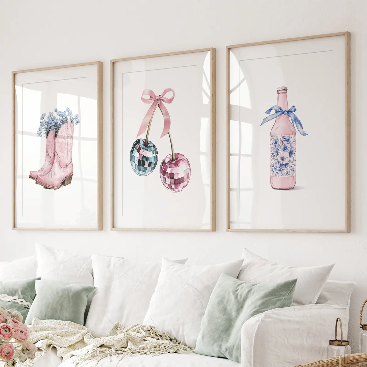 Cherries Disco Ball Preppy Pink Wall Art Prints