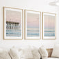 Pink Ocean Sunset Triptych. Wooden Pier, Waves, Seagulls