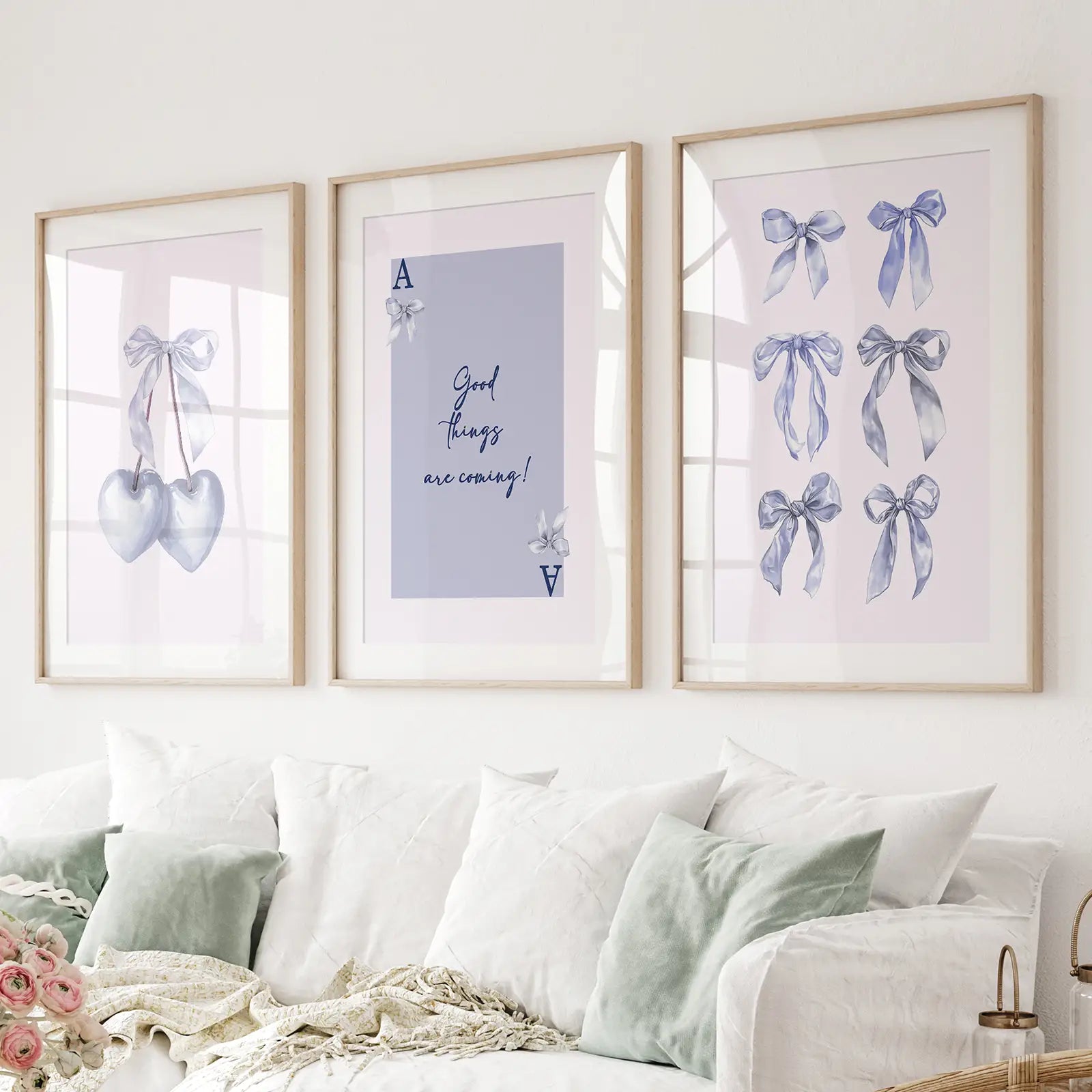 Trendy Blue Bows Preppy Poster Girly Decor Art Set