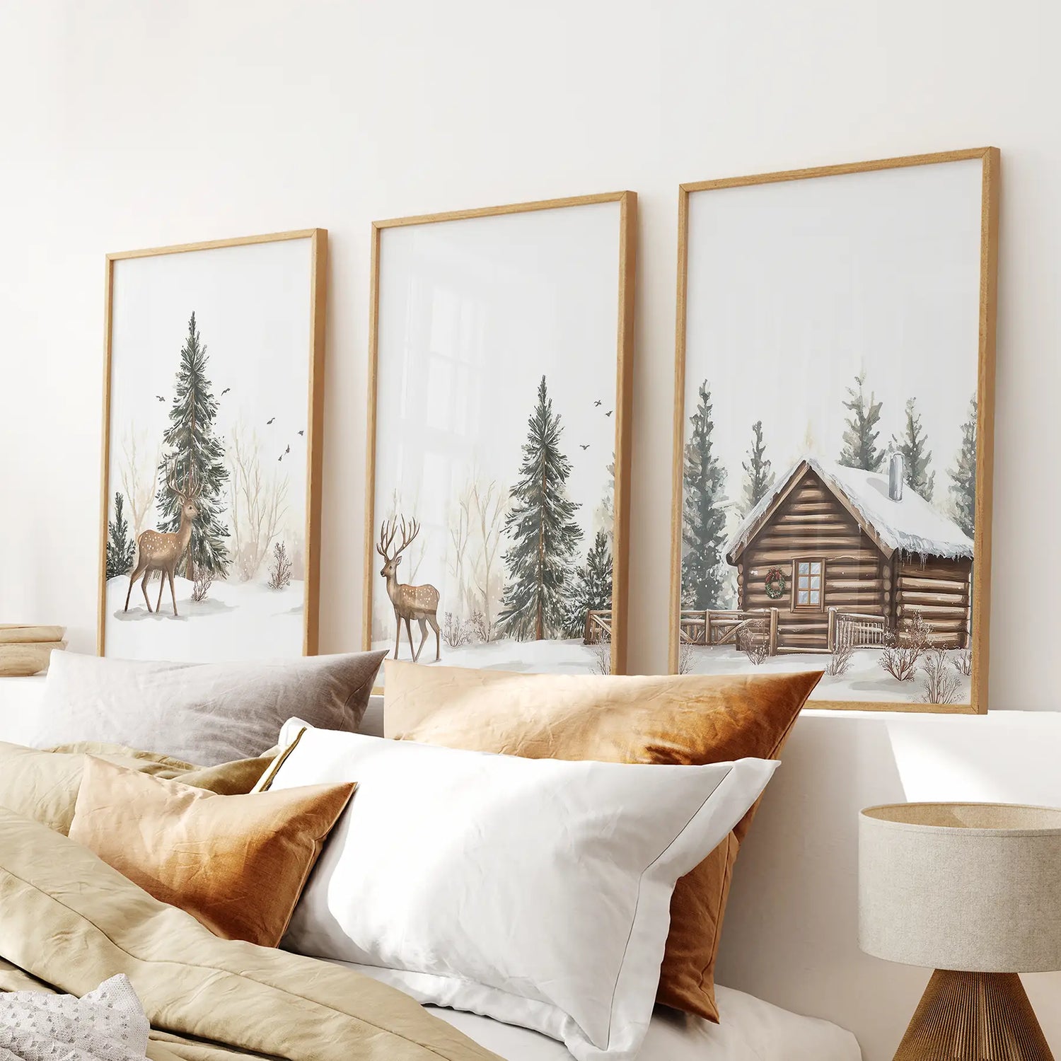 Deer and Cabin Winter 3 Piece Wall Art. Rustic Nordic Prints