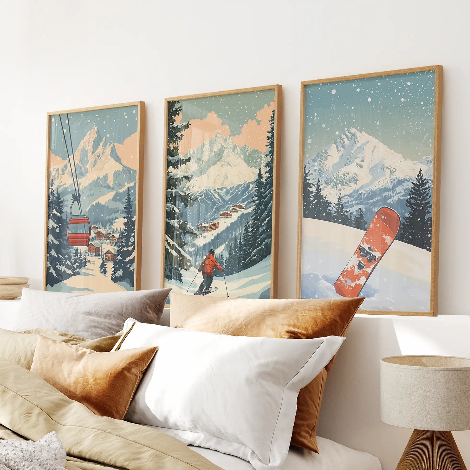 Vintage Ski Poster Set of 3. Snowboard, Skier & Ski Lift Wall Art