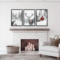 Christmas Mood Wall Art Prints. Red Log Cabin, Deer