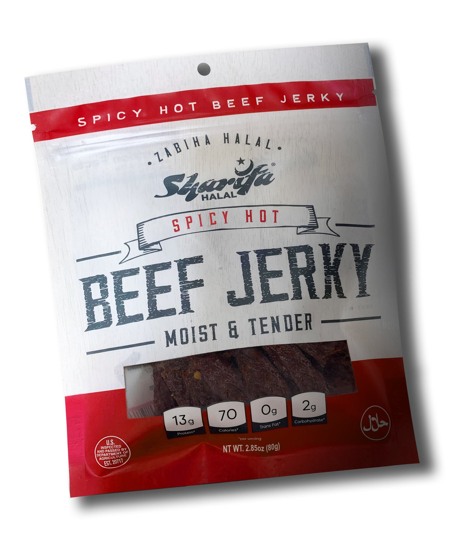 Sharifa Helal Sığır Eti Jerky, Acılı ve Acılı, (1) 2.85 oz. Poşet - Harika Her Gün Helal Jerky Sığır Eti Atıştırmalığı, %100 Gerçek Zabiha Helal Sığır Eti, 13 gr Protein, 70 Kalori, 0 gr Trans Yağ ve 2 gr Karbonhidrat