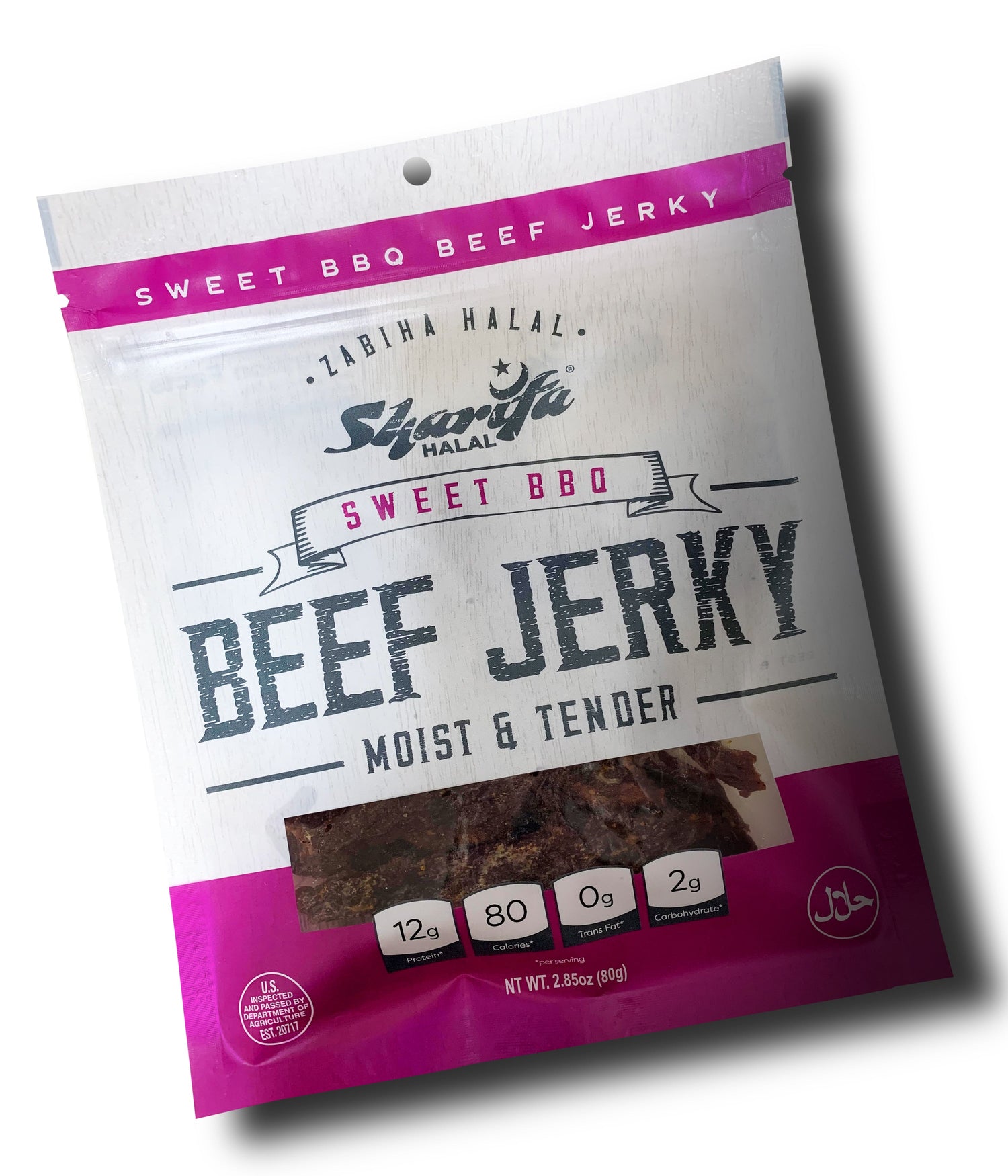 Sharifa Helal Sığır Eti Jerky, Tatlı Barbekü, (1) 2.85 oz. Poşet - Harika Her Gün Helal Jerky Sığır Eti Atıştırmalığı, %100 Gerçek Zabiha Helal Sığır Eti, 12 gr Protein, 80 Kalori, 0 gr Trans Yağ ve 2 gr Karbonhidrat