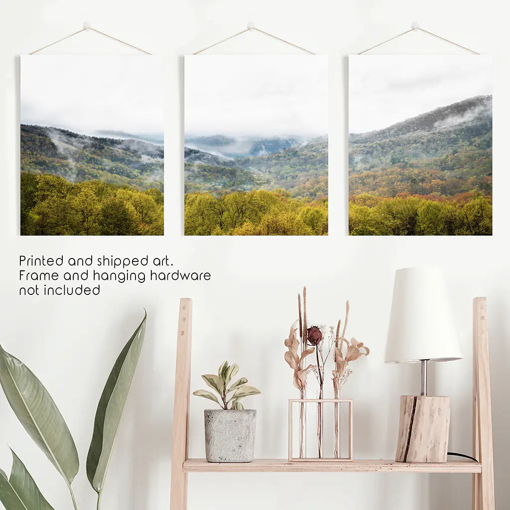 Foggy Mountains and Green Forest. Photo Triptych