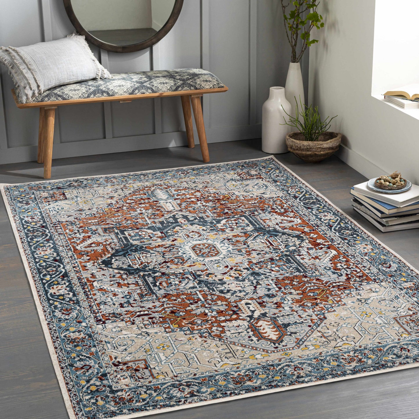 Cabacungan Blue & Rust Washable Area Rug - Clearance