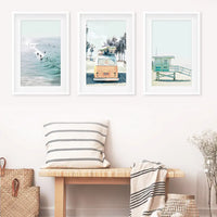 California Wall Art. Surfers on the Waves, Yellow Van, Lifeguard