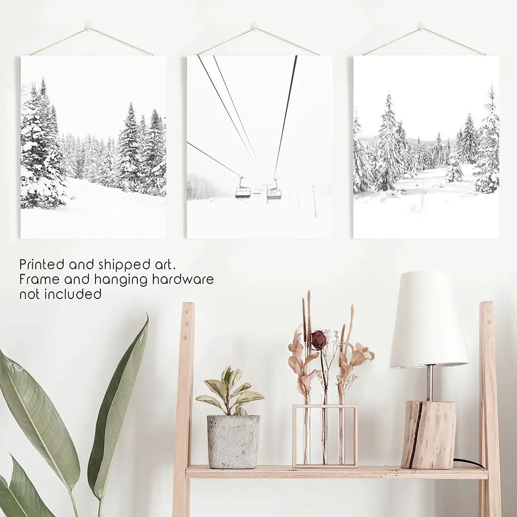 Winter Skiing Black White Wall Art. Ski Lift, Snowy Forest