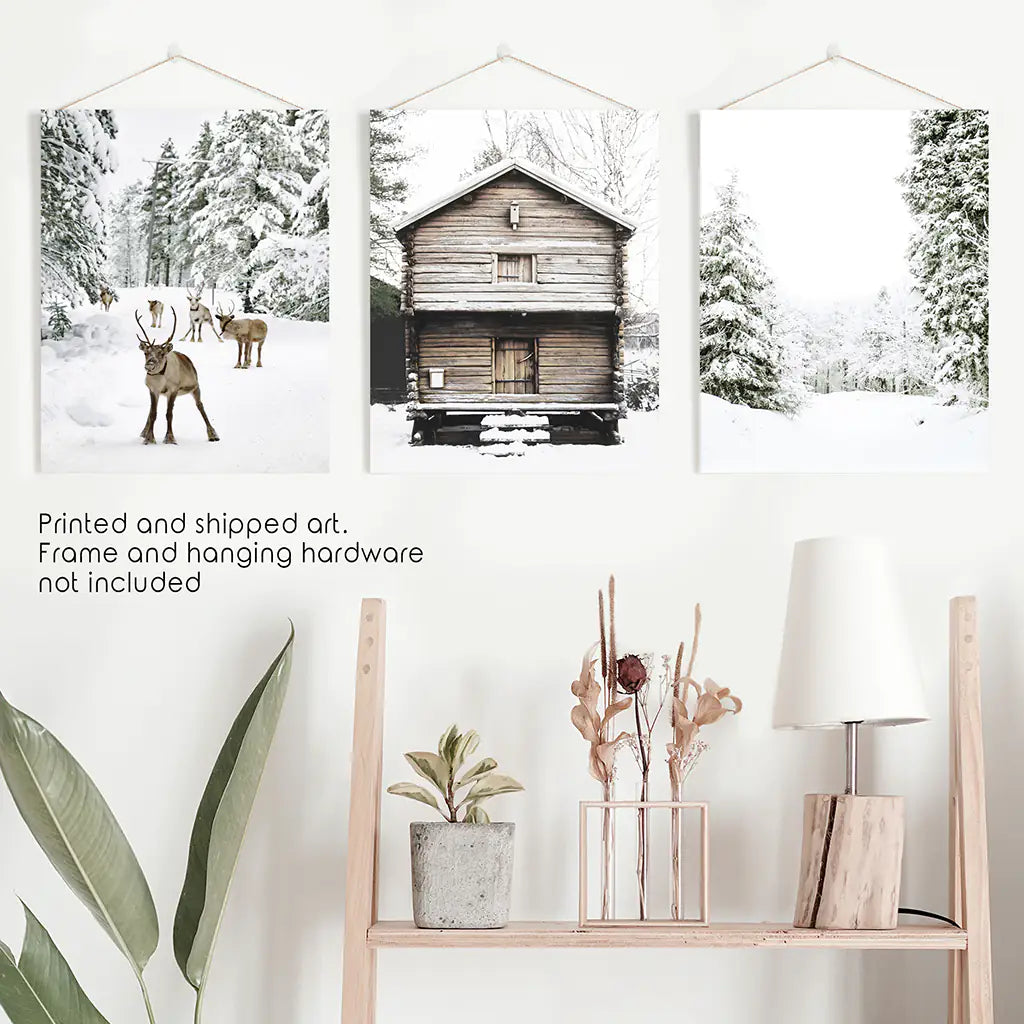 Noel Temalı Duvar Sanatı Seti. Ren Geyiği, Kütük Ev, Orman