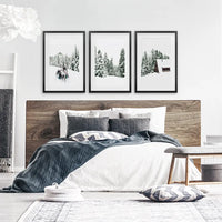 Winter Snowy Nature Triptych. Reindeer, Log Cabin, Pine Tree