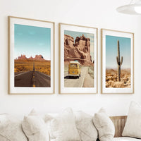 Arizona Desert Travel Art. Grand Canyon, Retro Van, Cactus