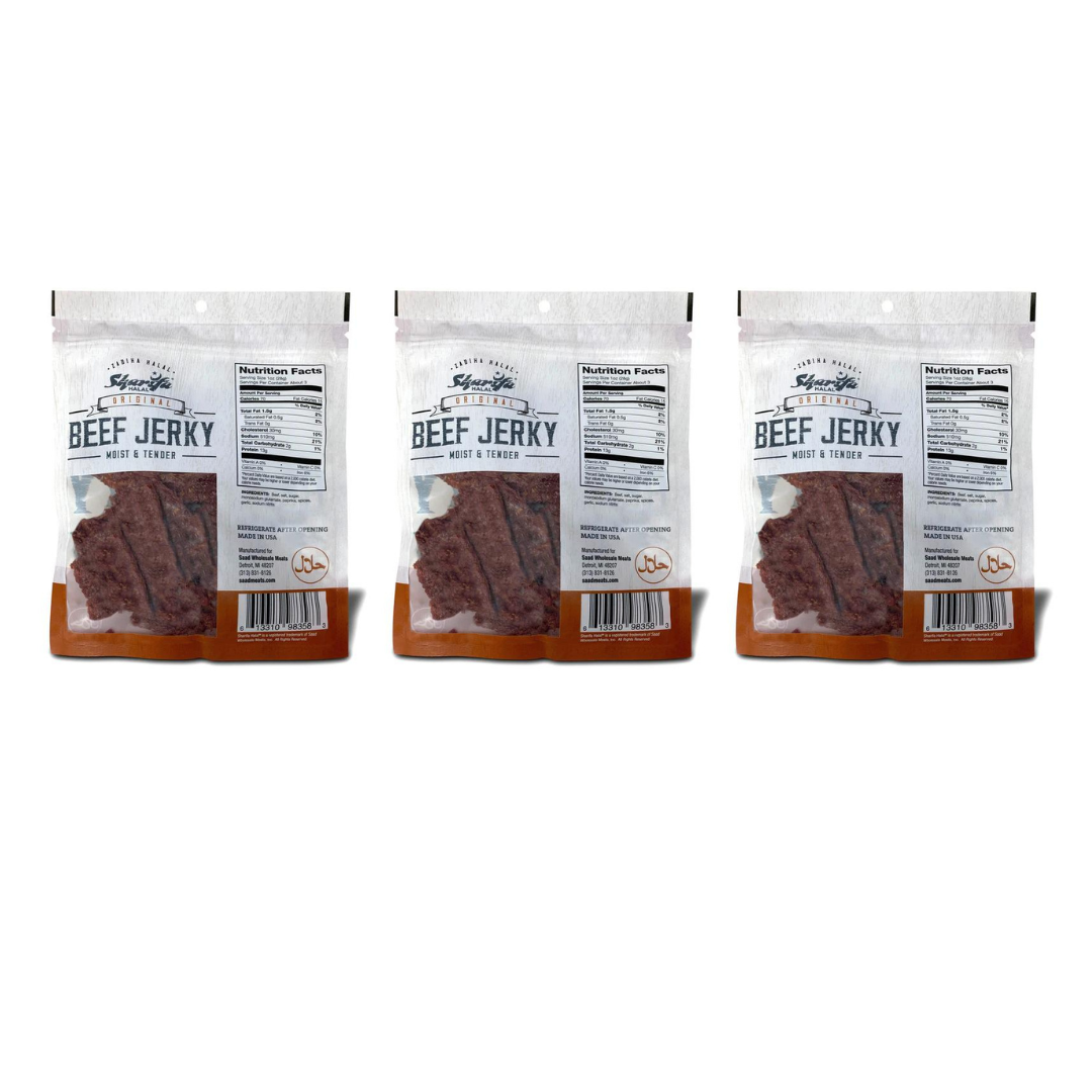 Sharifa Helal Sığır Eti Jerky, Orijinal, (3) 2,85 oz. Poşet - Harika Her Gün Helal Jerky Sığır Eti Atıştırmalığı, %100 Gerçek Zabiha Helal Sığır Eti, 13 g Protein, 70 Kalori, 0 g Trans Yağ ve 2 g Karbonhidrat