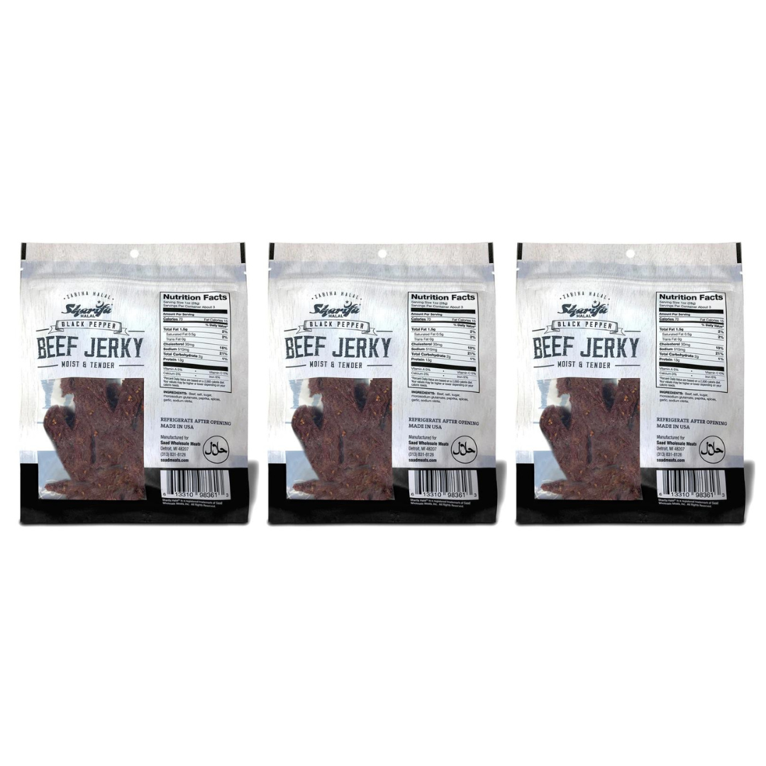 Sharifa Helal Sığır Eti Jerky, Karabiber, (3) 2.85 oz. Poşet - Harika Her Gün Helal Jerky Sığır Eti Atıştırmalığı, %100 Gerçek Zabiha Helal Sığır Eti, 13 g Protein, 70 Kalori, 0 g Trans Yağ ve 2 g Karbonhidrat