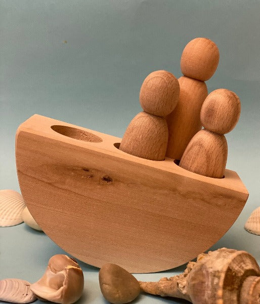 3 Peg Doll with a boat, Natural Handmade Wooden Toy