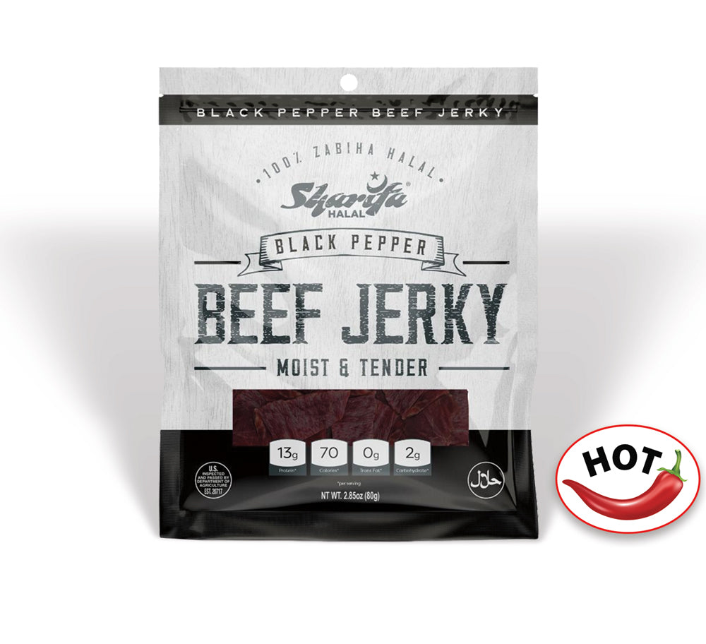 Sharifa Halal Beef Jerky, Black Pepper, (1) 2.85 oz. Bag – Great Everyday Halal Jerky Beef Meat Snack, 100 % Real Zabiha Halal Beef, 13g of Protein, 70 Calories, 0g Trans Fat, & 2g of Carbohydrates