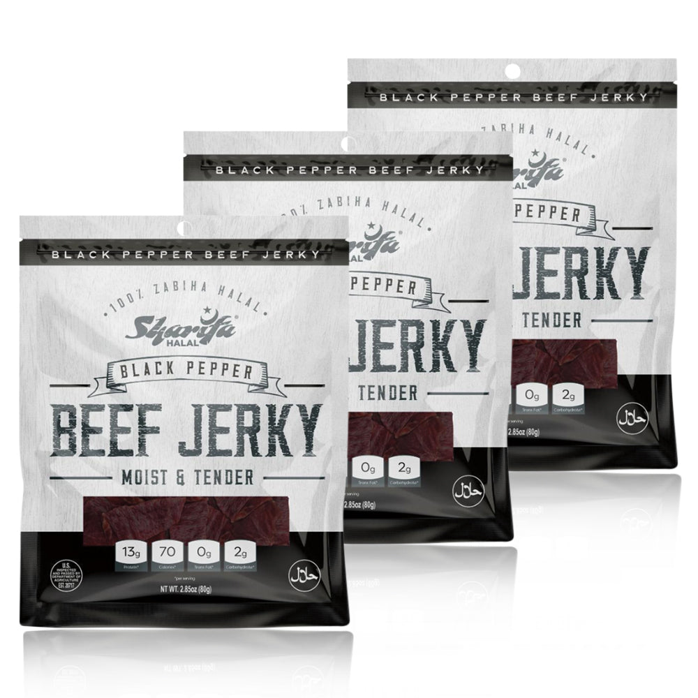 Sharifa Helal Sığır Eti Jerky, Karabiber, (3) 2.85 oz. Poşet - Harika Her Gün Helal Jerky Sığır Eti Atıştırmalığı, %100 Gerçek Zabiha Helal Sığır Eti, 13 g Protein, 70 Kalori, 0 g Trans Yağ ve 2 g Karbonhidrat