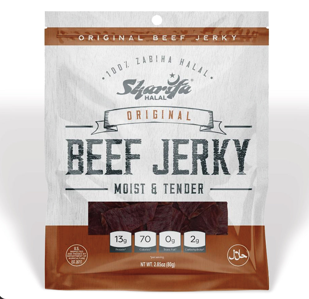 Sharifa Helal Sığır Eti Jerky, Orijinal, (1) 2,85 oz. Poşet - Harika Her Gün Helal Jerky Sığır Eti Atıştırmalığı, %100 Gerçek Zabiha Helal Sığır Eti, 13 g Protein, 70 Kalori, 0 g Trans Yağ ve 2 g Karbonhidrat Marka: SHARIFA HALAL