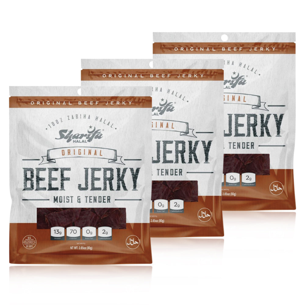 Sharifa Helal Sığır Eti Jerky, Orijinal, (3) 2,85 oz. Poşet - Harika Her Gün Helal Jerky Sığır Eti Atıştırmalığı, %100 Gerçek Zabiha Helal Sığır Eti, 13 g Protein, 70 Kalori, 0 g Trans Yağ ve 2 g Karbonhidrat