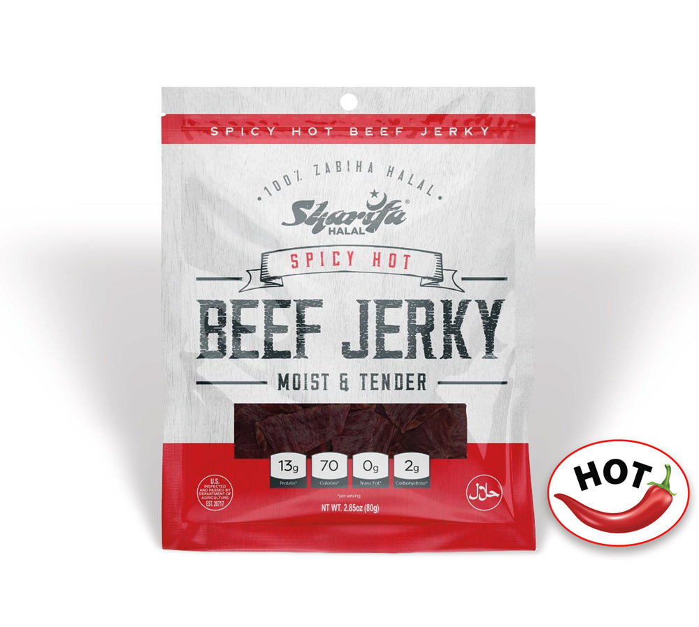 Sharifa Halal Beef Jerky, Spicy Hot, (1) 2.85 oz. Bag – Great Everyday Halal Jerky Beef Meat Snack, 100 % Real Zabiha Halal Beef, 13g of Protein, 70 Calories, 0g Trans Fat, & 2g of Carbohydrates