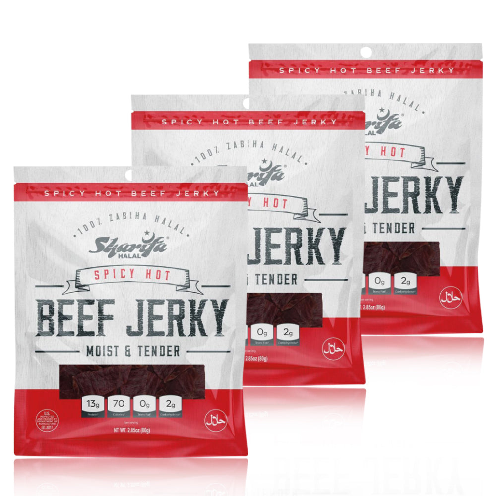Sharifa Helal Sığır Eti Jerky, Acılı ve Acılı, (3) 2,85 oz. Poşet - Harika Her Gün Helal Jerky Sığır Eti Atıştırmalığı, %100 Gerçek Zabiha Helal Sığır Eti, 13 gr Protein, 70 Kalori, 0 gr Trans Yağ ve 2 gr Karbonhidrat