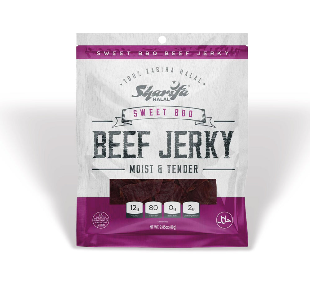 Sharifa Helal Sığır Eti Jerky, Tatlı Barbekü, (1) 2.85 oz. Poşet - Harika Her Gün Helal Jerky Sığır Eti Atıştırmalığı, %100 Gerçek Zabiha Helal Sığır Eti, 12 gr Protein, 80 Kalori, 0 gr Trans Yağ ve 2 gr Karbonhidrat