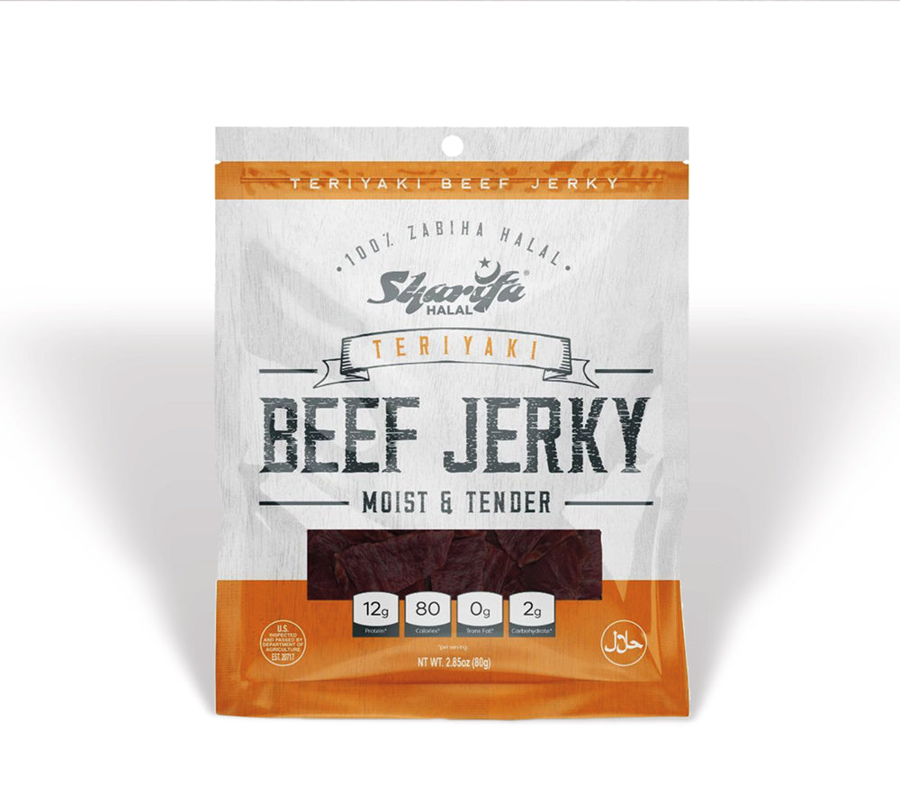 Sharifa Helal Sığır Eti Jerky, Teriyaki, (1) 2.85 oz. Poşet - Harika Her Gün Helal Jerky Sığır Eti Atıştırmalığı, %100 Gerçek Zabiha Helal Sığır Eti, 12 gr Protein, 80 Kalori, 0 gr Trans Yağ ve 2 gr Karbonhidrat