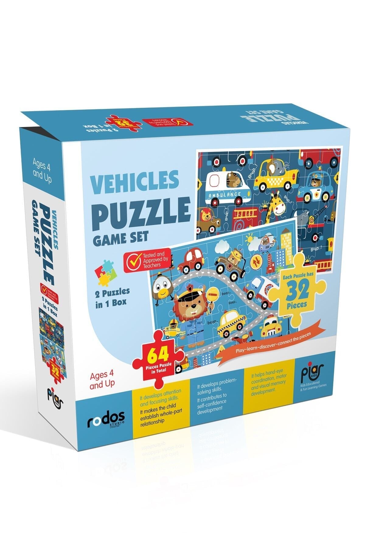 Piar Kids Vehicles Puzzle Game Set / 2 Puzzles In 1 Box / 64 Pieces Puzzle In Total / Ages 4+